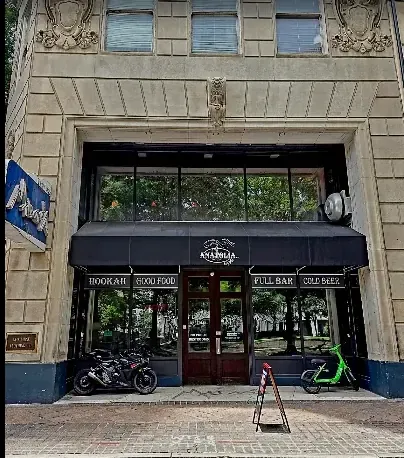 The cafe entrance under Anatolia's black awning
